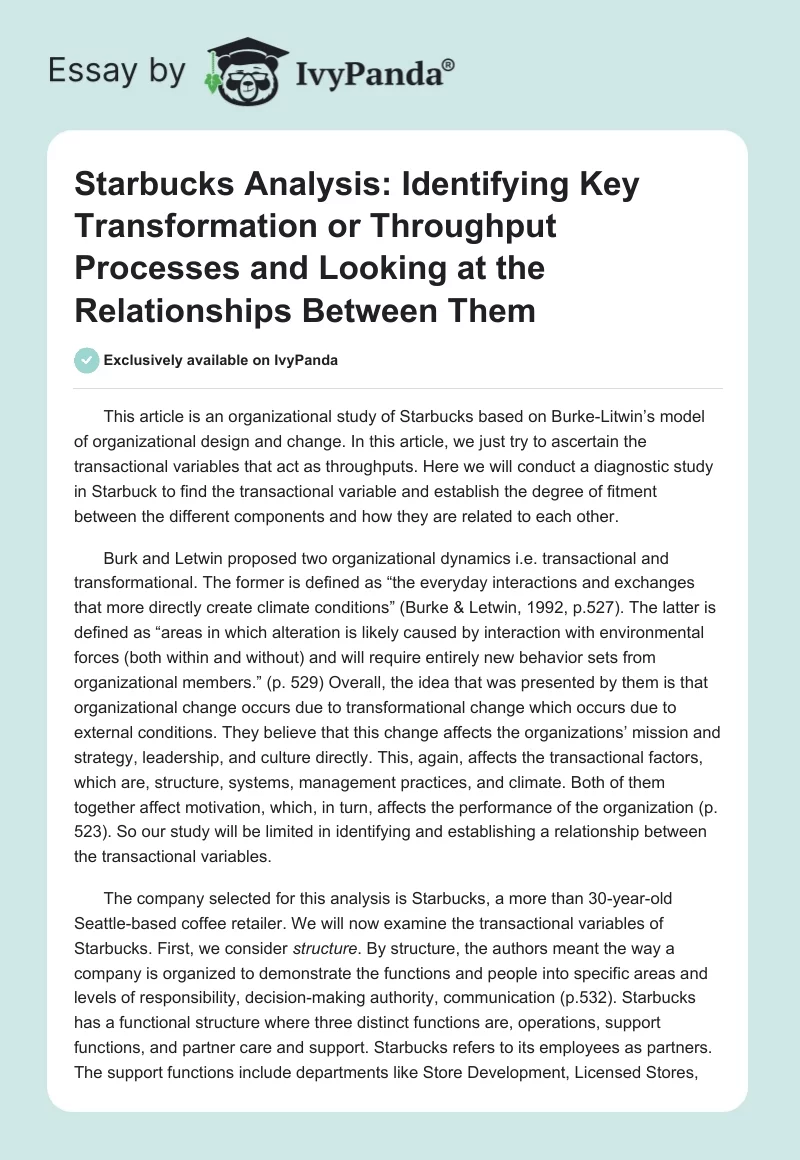 Starbucks Analysis: Identifying Key Transformation or Throughput Processes and Looking at the Relationships Between Them. Page 1