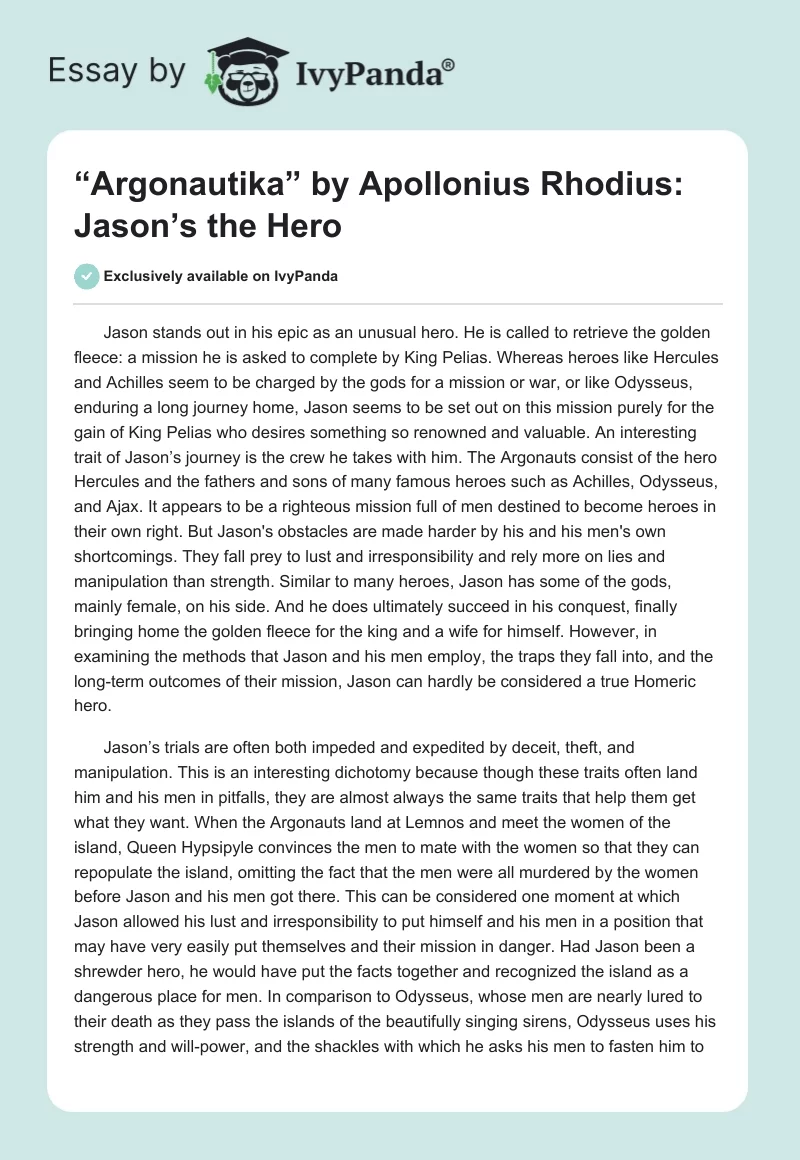 “Argonautika” by Apollonius Rhodius: Jason’s the Hero. Page 1