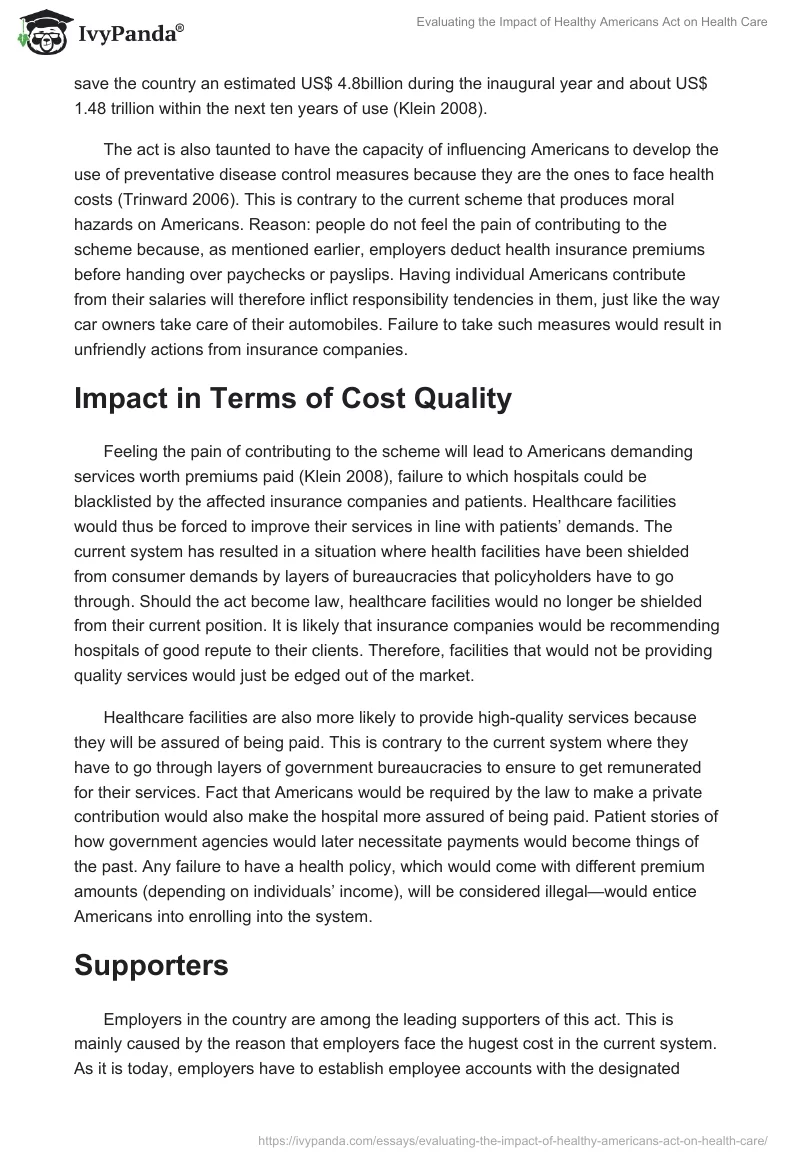 Evaluating the Impact of Healthy Americans Act on Health Care. Page 2
