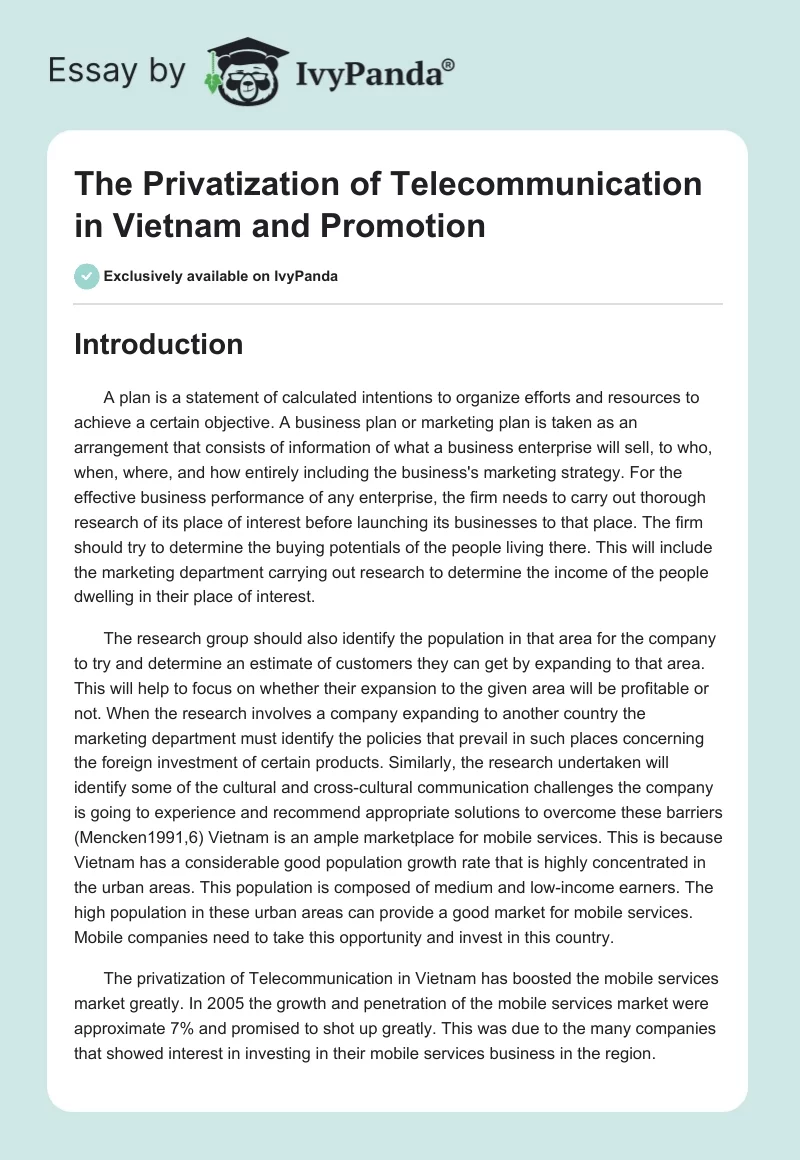 The Privatization of Telecommunication in Vietnam and Promotion. Page 1