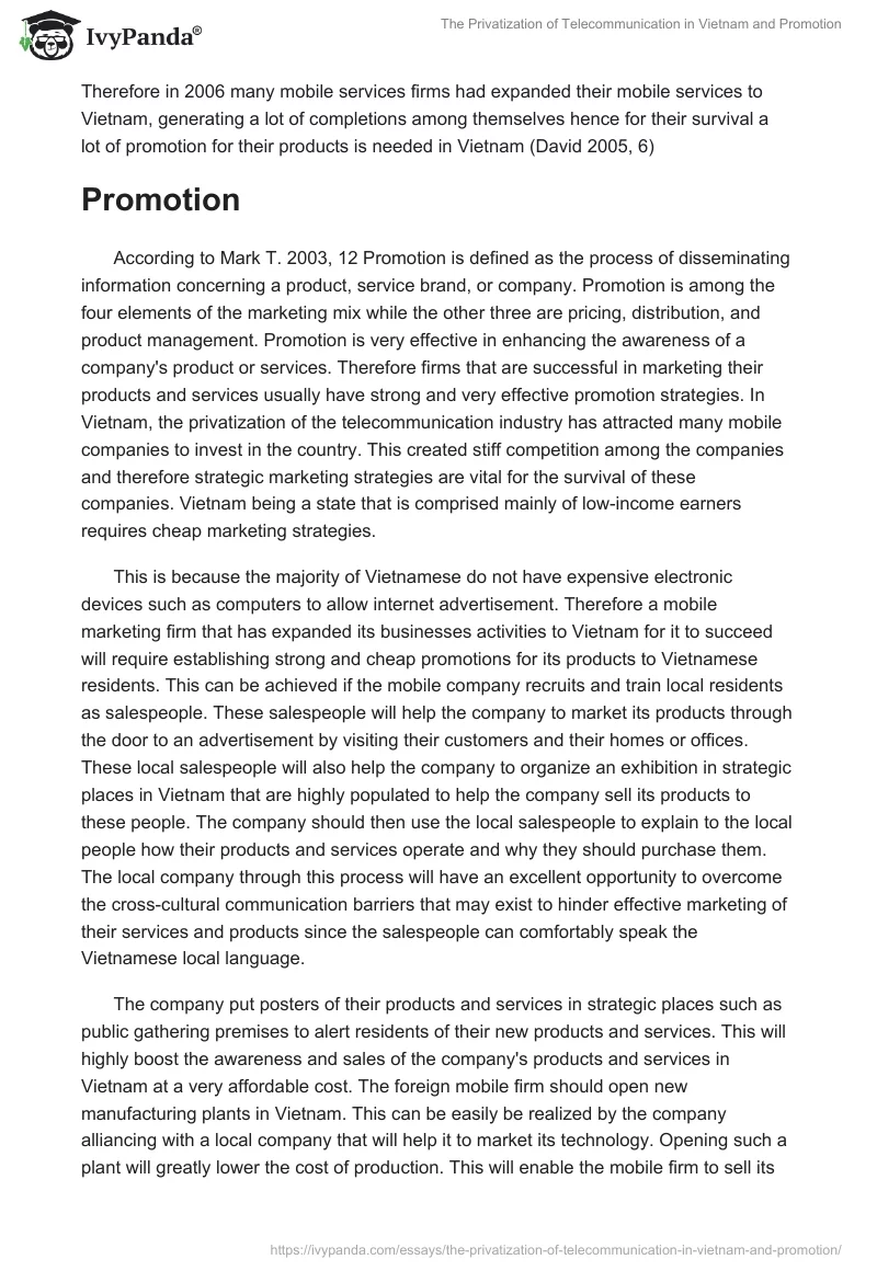 The Privatization of Telecommunication in Vietnam and Promotion. Page 2