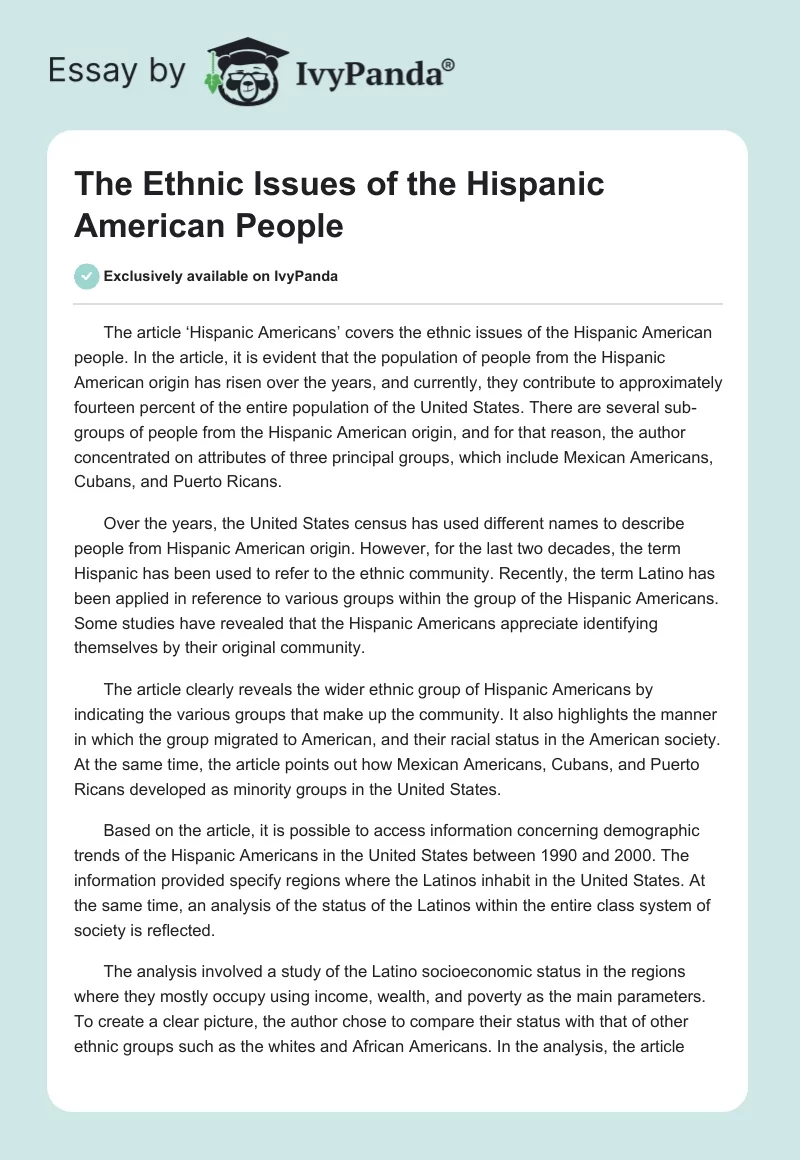 The Ethnic Issues of the Hispanic American People. Page 1