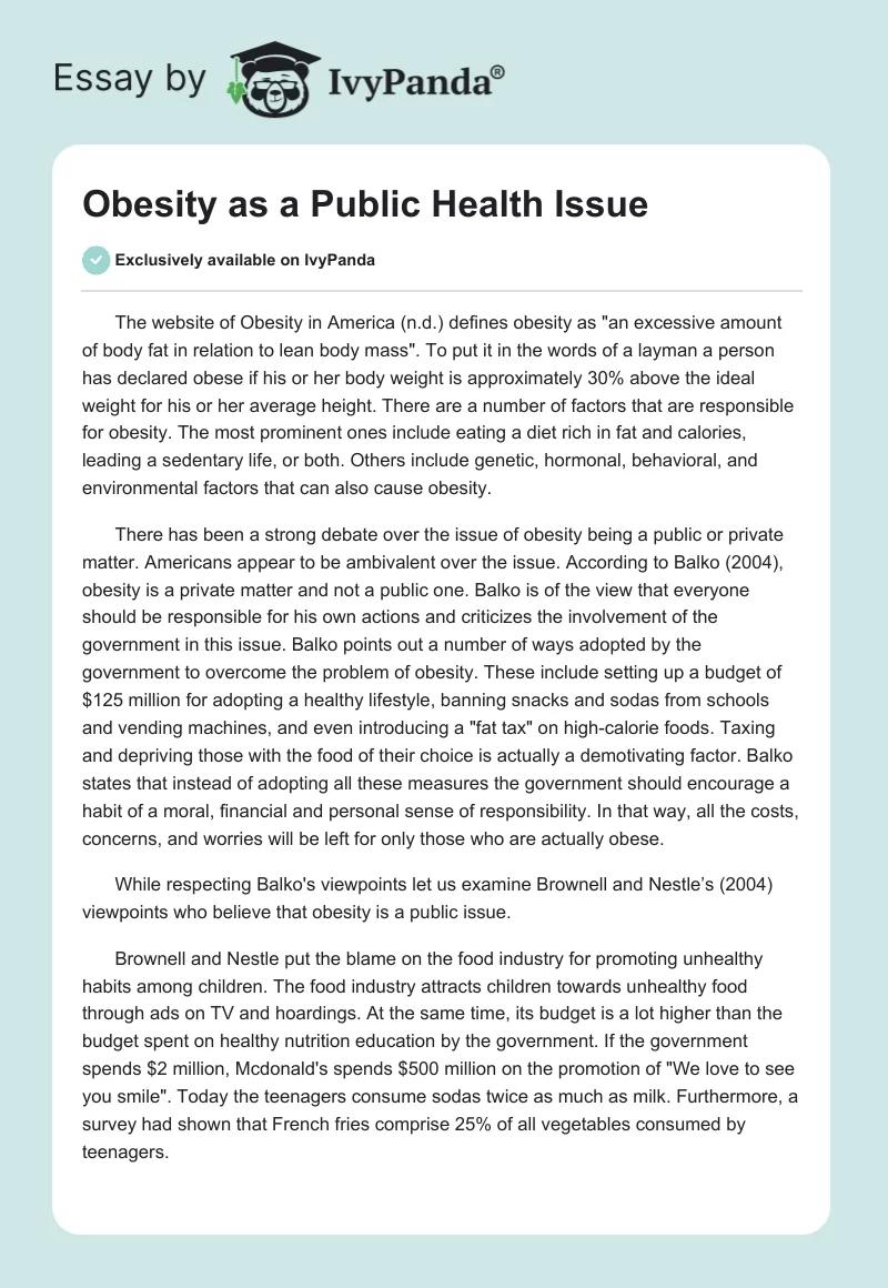 obesity as a public health issue essay