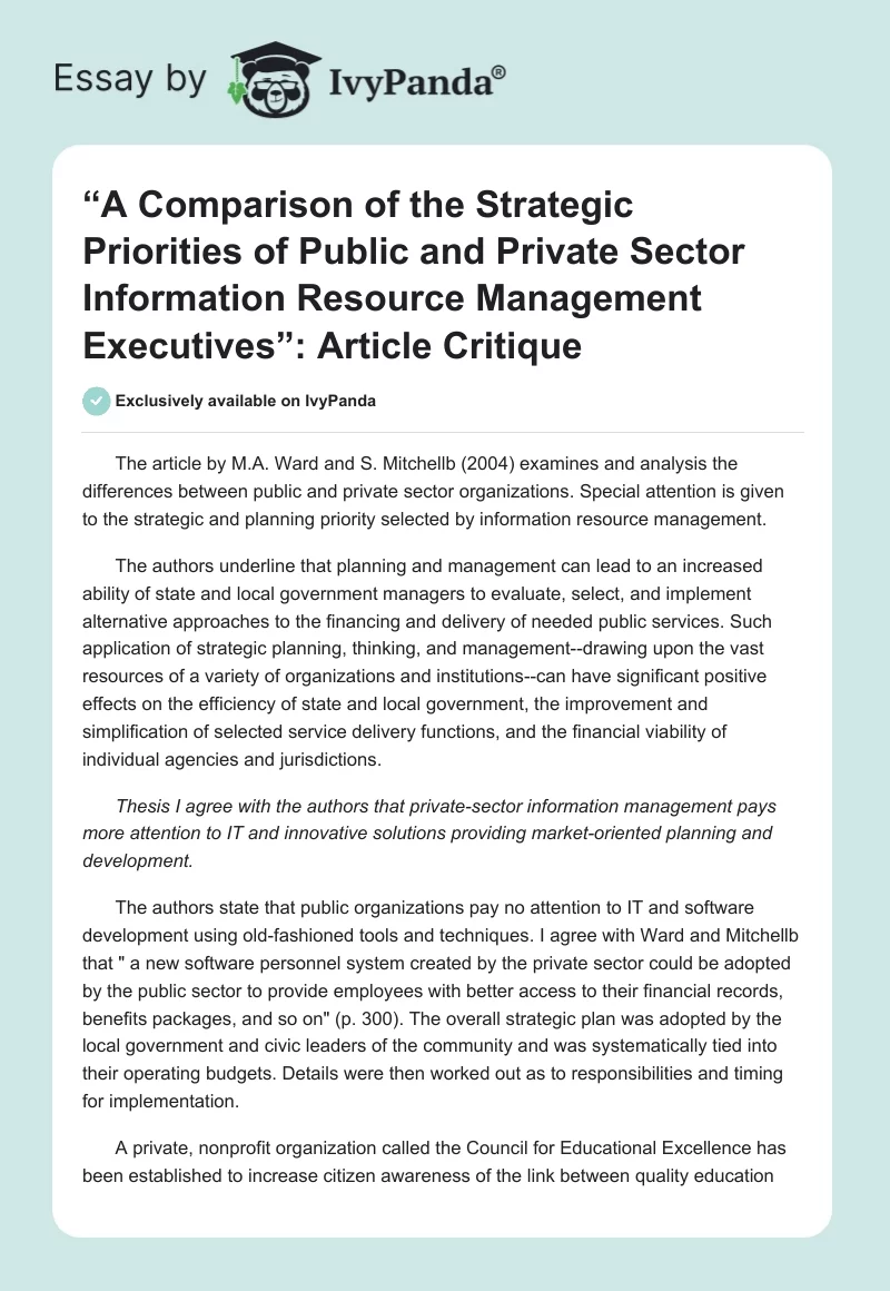 “A Comparison of the Strategic Priorities of Public and Private Sector Information Resource Management Executives”: Article Critique. Page 1