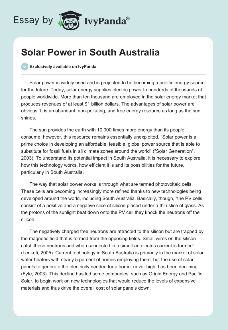 Solar Power in South Australia. Page 1