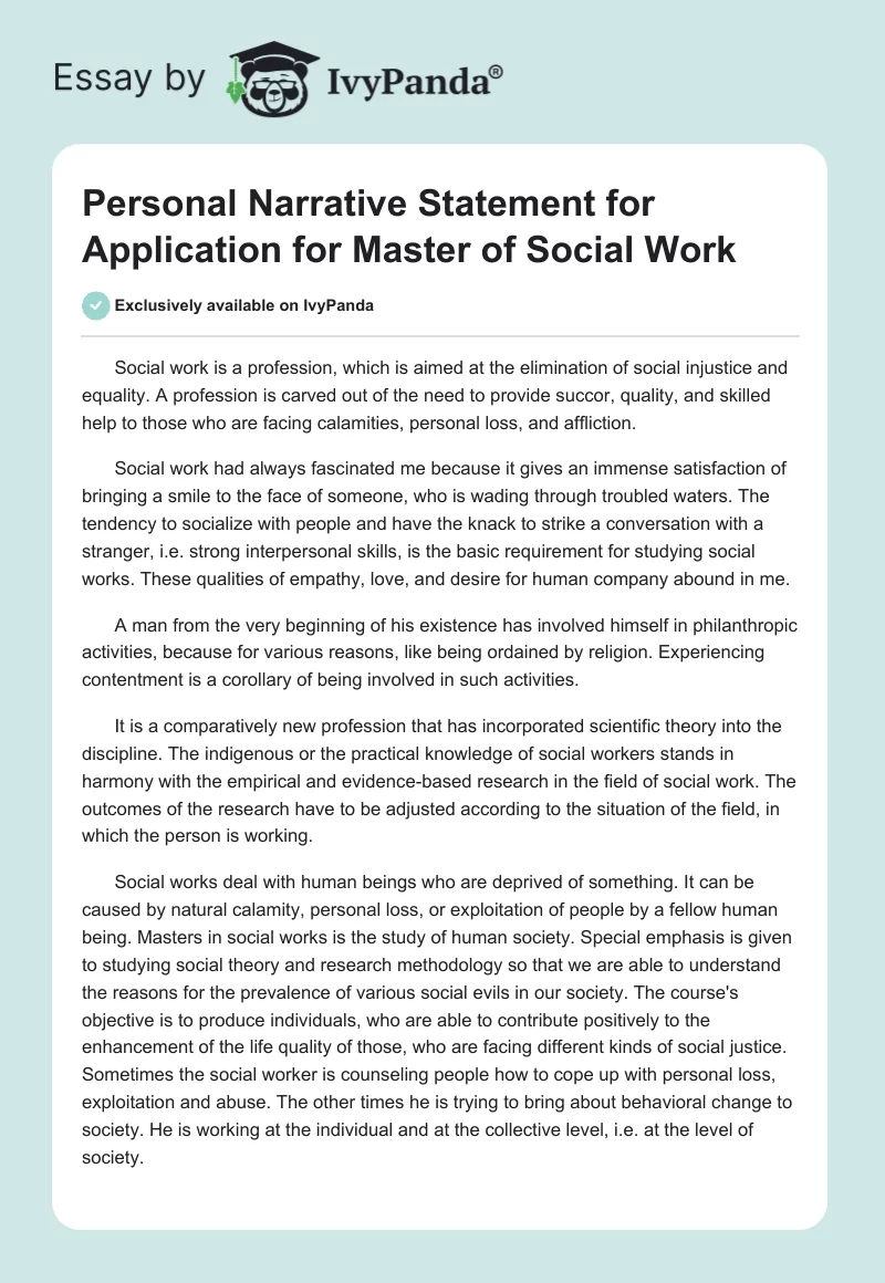 Personal Narrative Statement for Application for Master of Social Work. Page 1