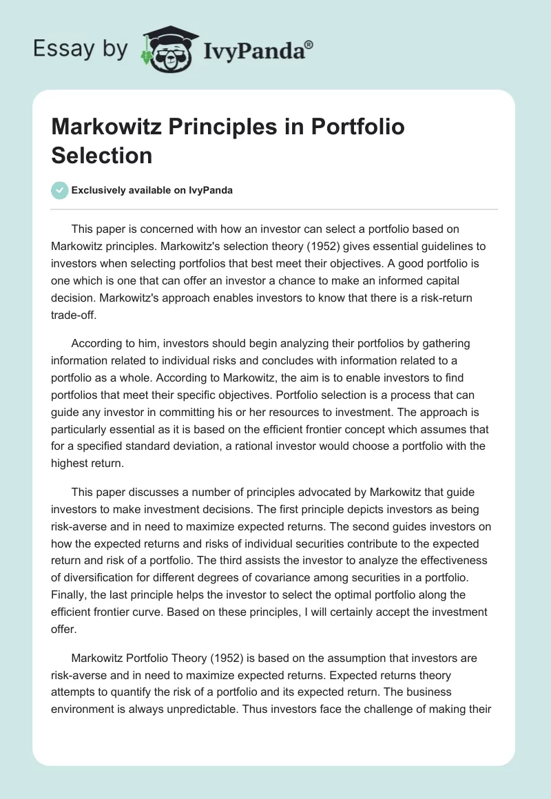 Markowitz Principles in Portfolio Selection. Page 1