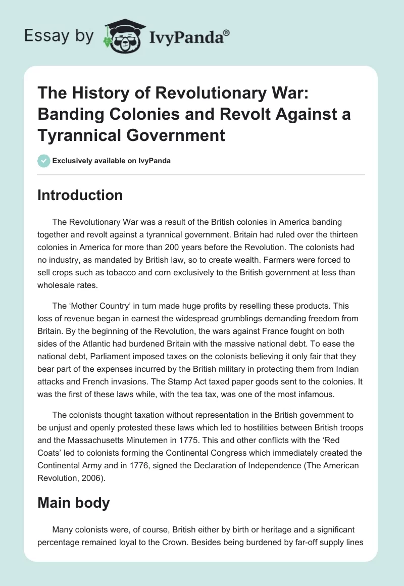 The History of Revolutionary War:  Banding Colonies and Revolt Against a Tyrannical Government. Page 1