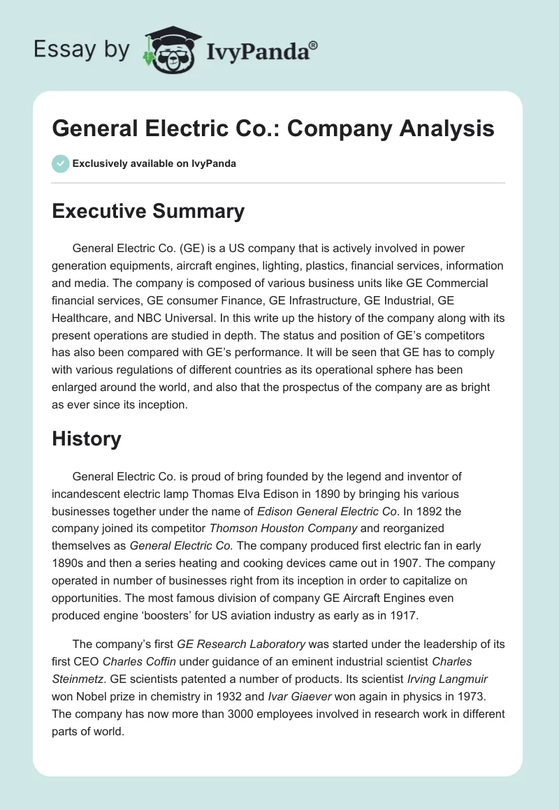 General Electric Co.: Company Analysis. Page 1