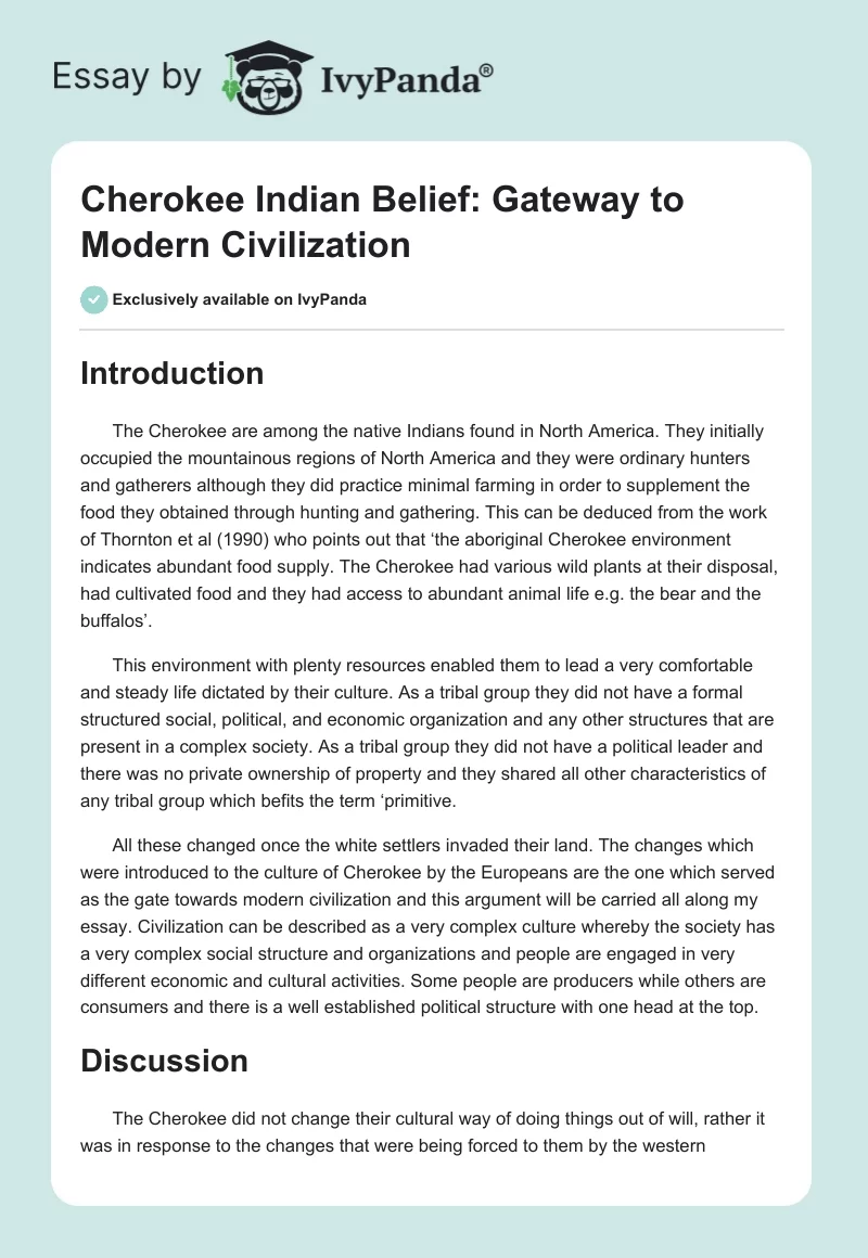Cherokee Indian Belief: Gateway to Modern Civilization. Page 1