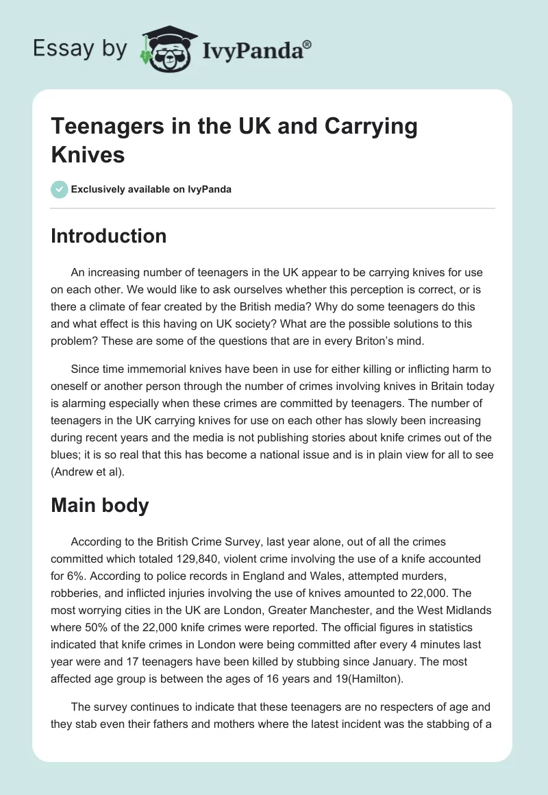 Teenagers in the UK and Carrying Knives. Page 1