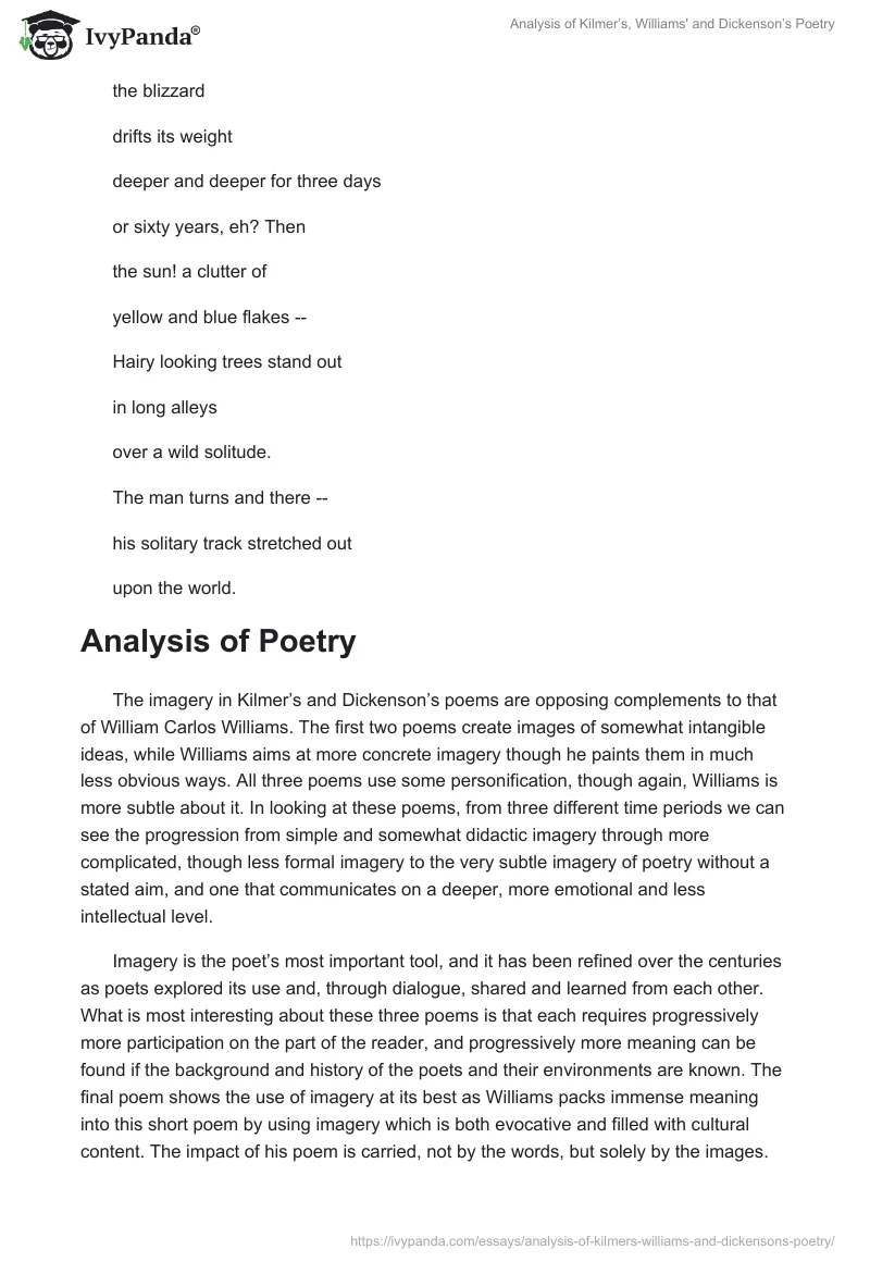 Analysis of Kilmer’s, Williams' and Dickenson’s Poetry. Page 3
