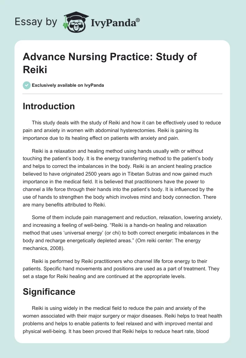Advance Nursing Practice: Study of Reiki. Page 1