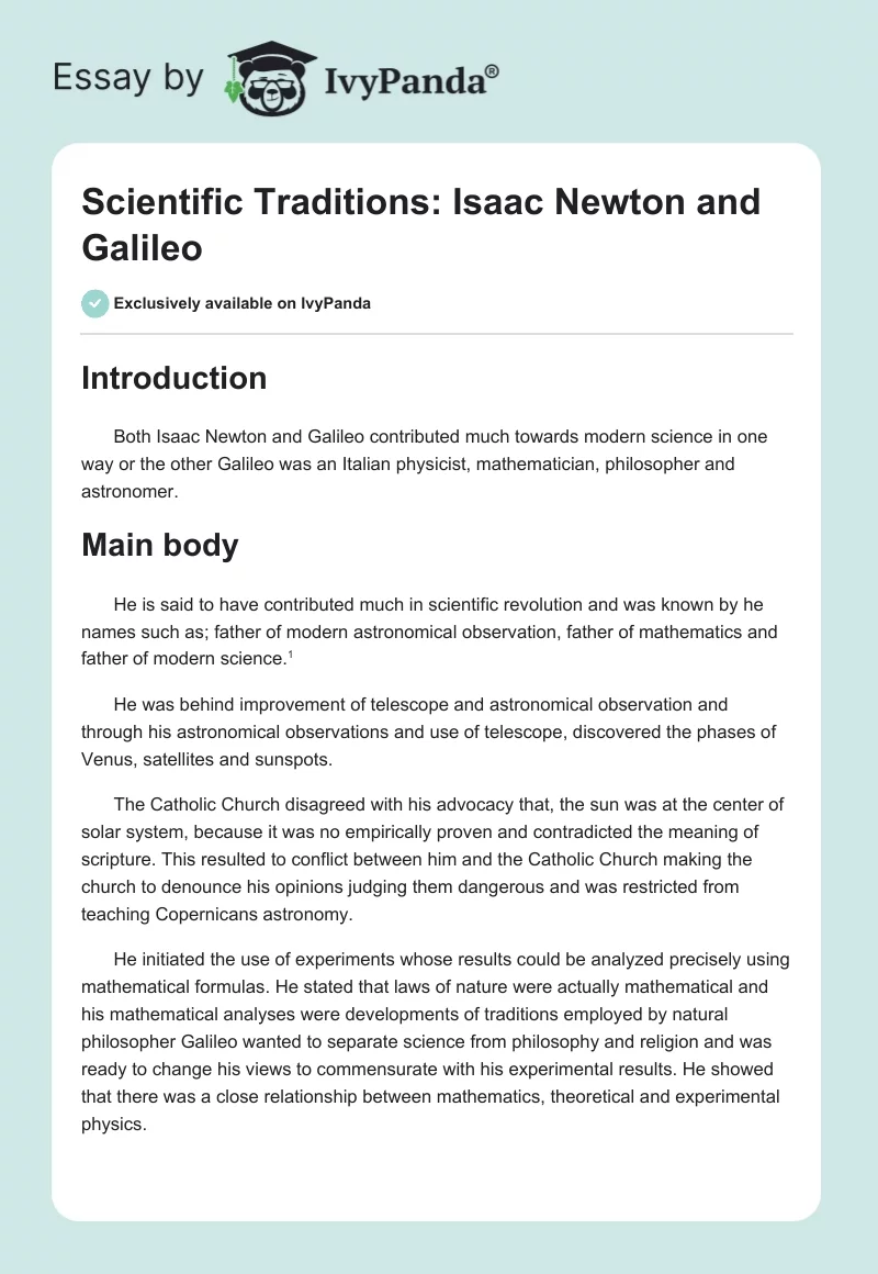 Scientific Traditions: Isaac Newton and Galileo - 493 Words
