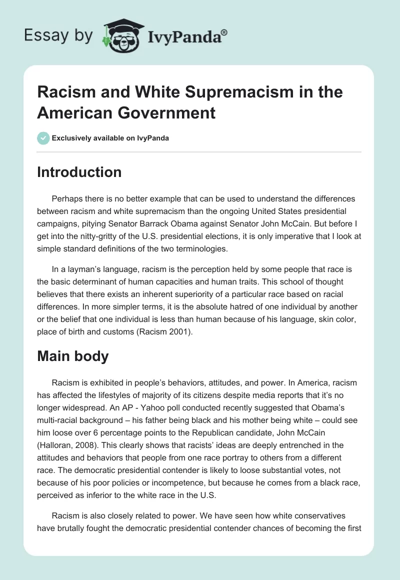 Racism and White Supremacism in the American Government. Page 1