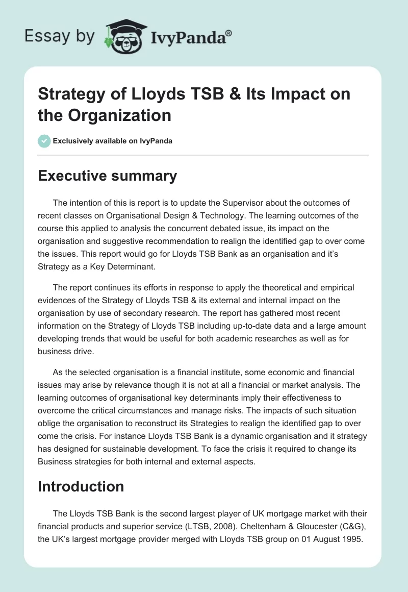 Strategy of Lloyds TSB & Its Impact on the Organization. Page 1