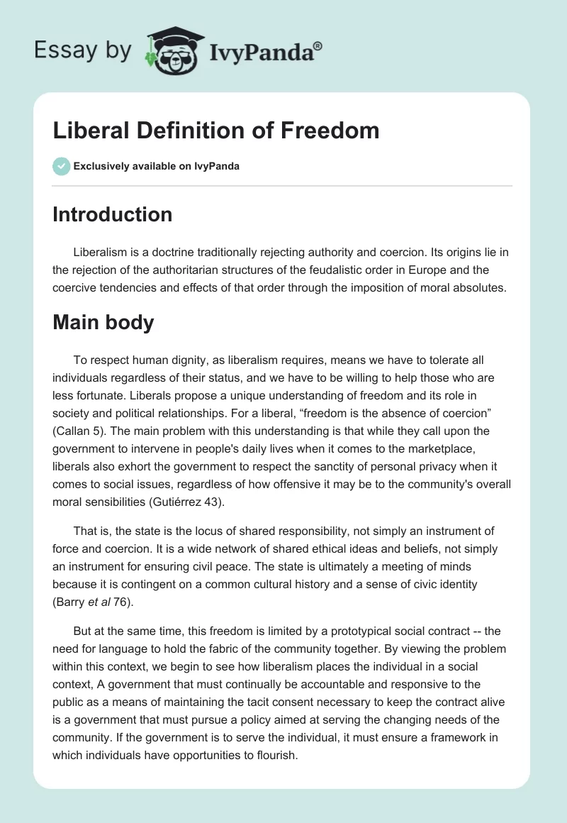 Liberal Definition of Freedom. Page 1