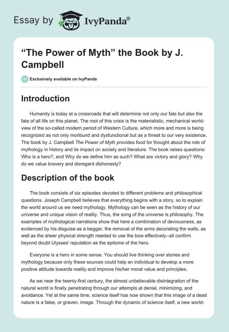 “The Power of Myth” the Book by J. Campbell. Page 1