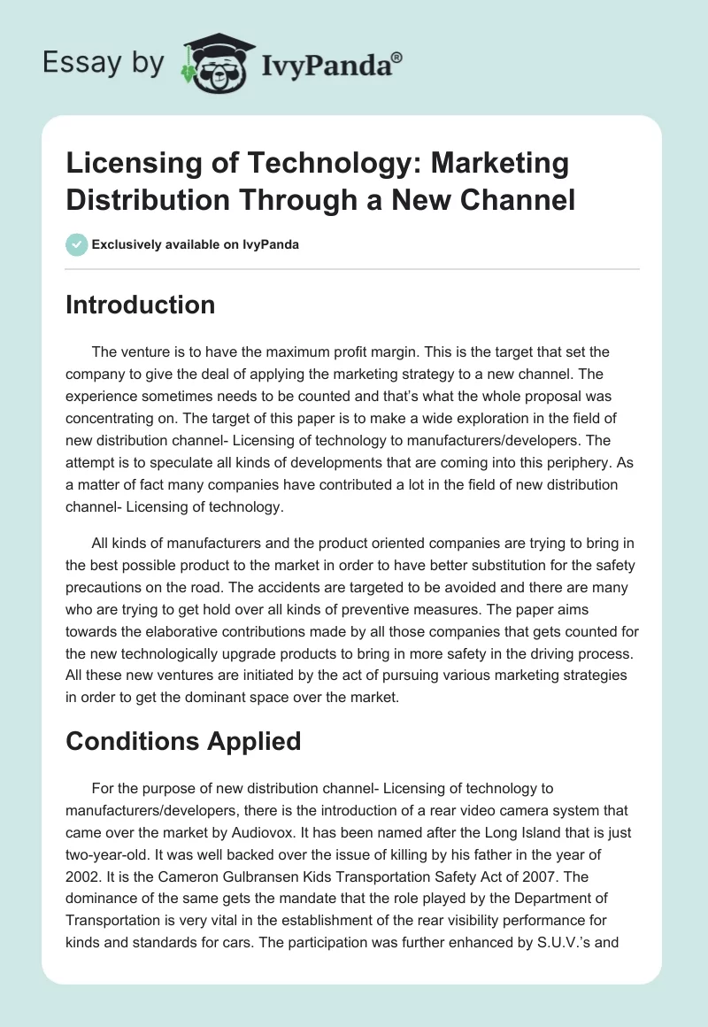 Licensing of Technology: Marketing Distribution Through a New Channel. Page 1