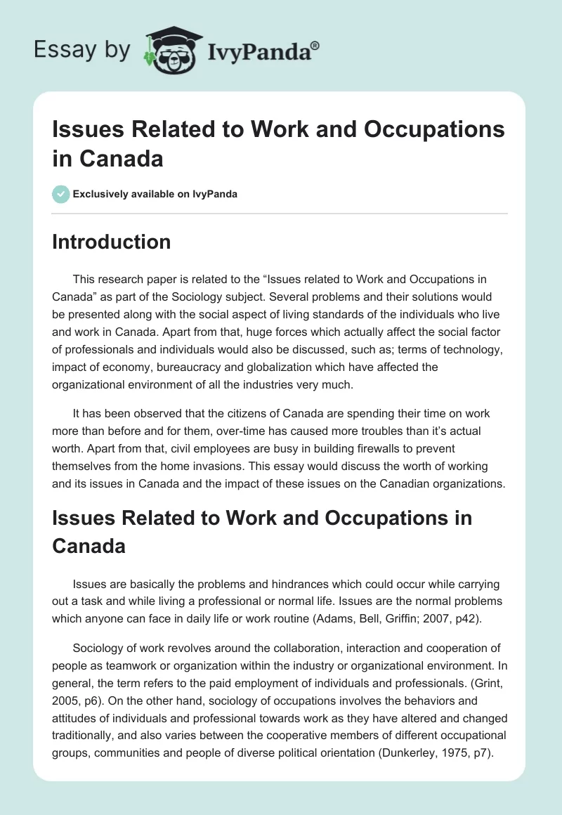 Issues Related to Work and Occupations in Canada. Page 1