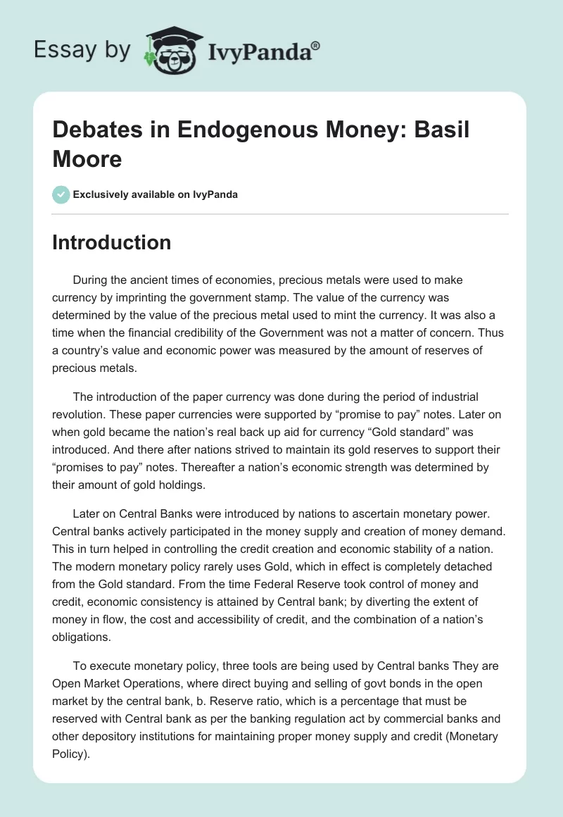 Debates in Endogenous Money: Basil Moore. Page 1