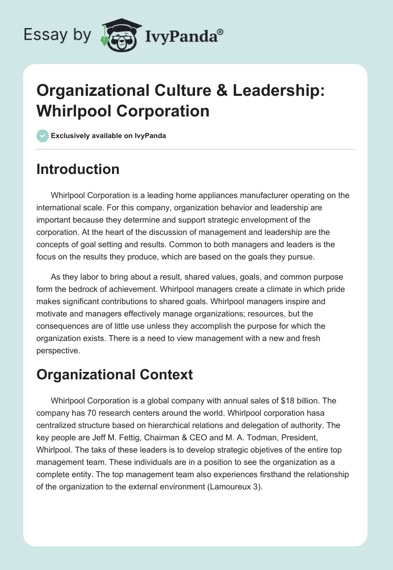 Organizational Culture & Leadership: Whirlpool Corporation. Page 1