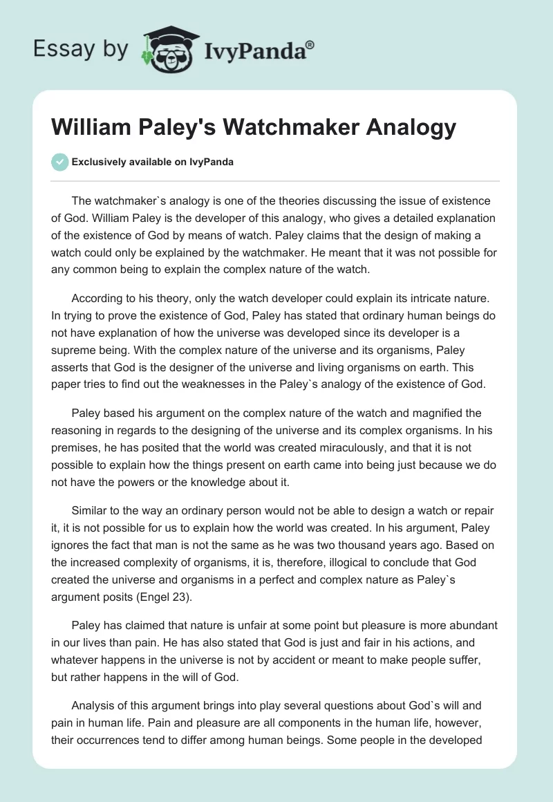 William Paley's Watchmaker Analogy. Page 1