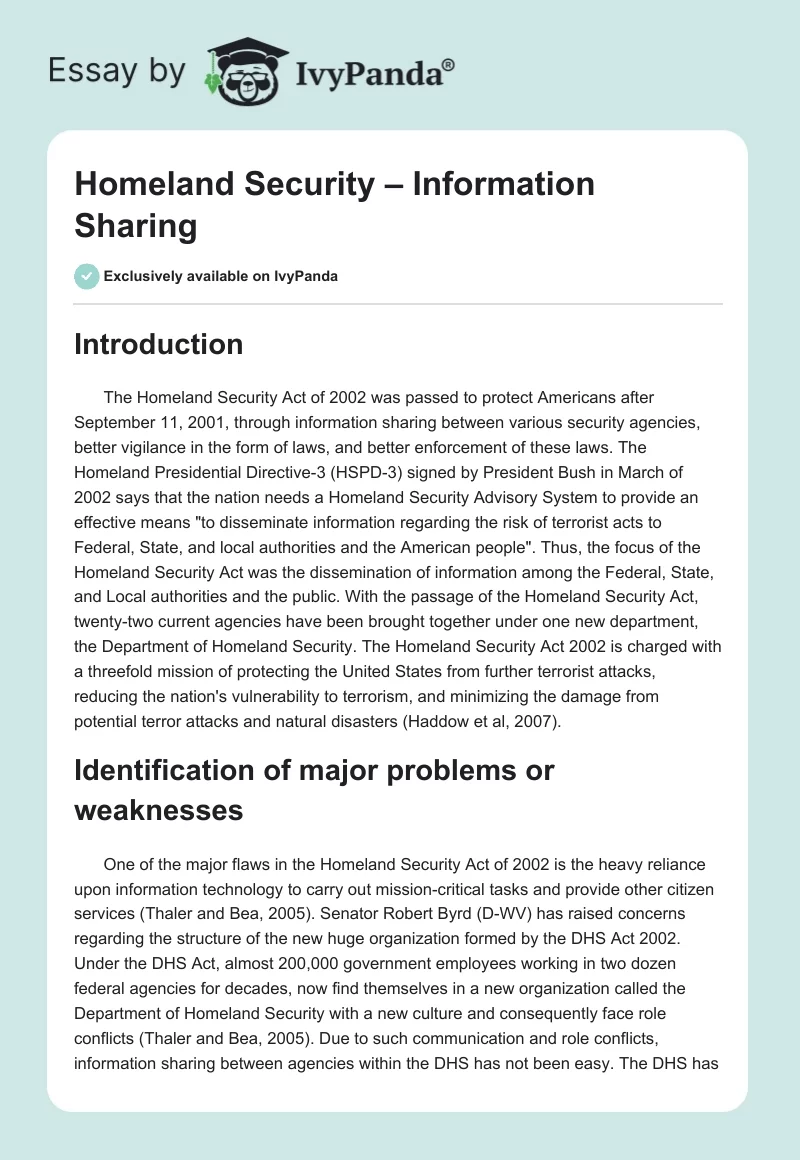 Homeland Security – Information Sharing. Page 1