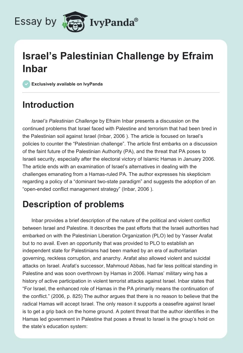 "Israel’s Palestinian Challenge" by Efraim Inbar. Page 1