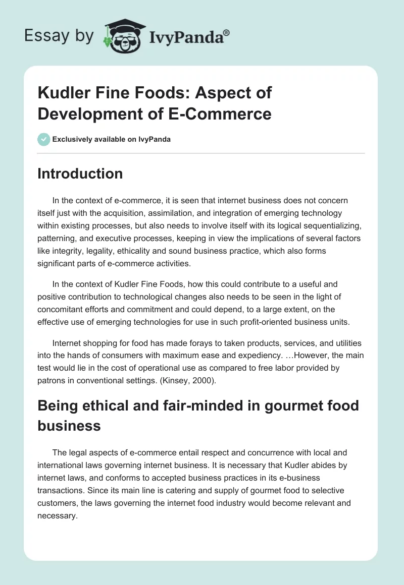 Kudler Fine Foods: Aspect of Development of E-Commerce. Page 1