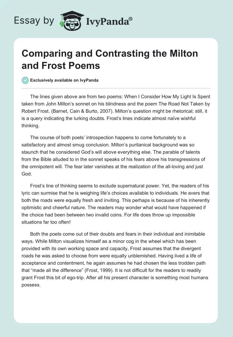 Comparing and Contrasting the Milton and Frost Poems. Page 1