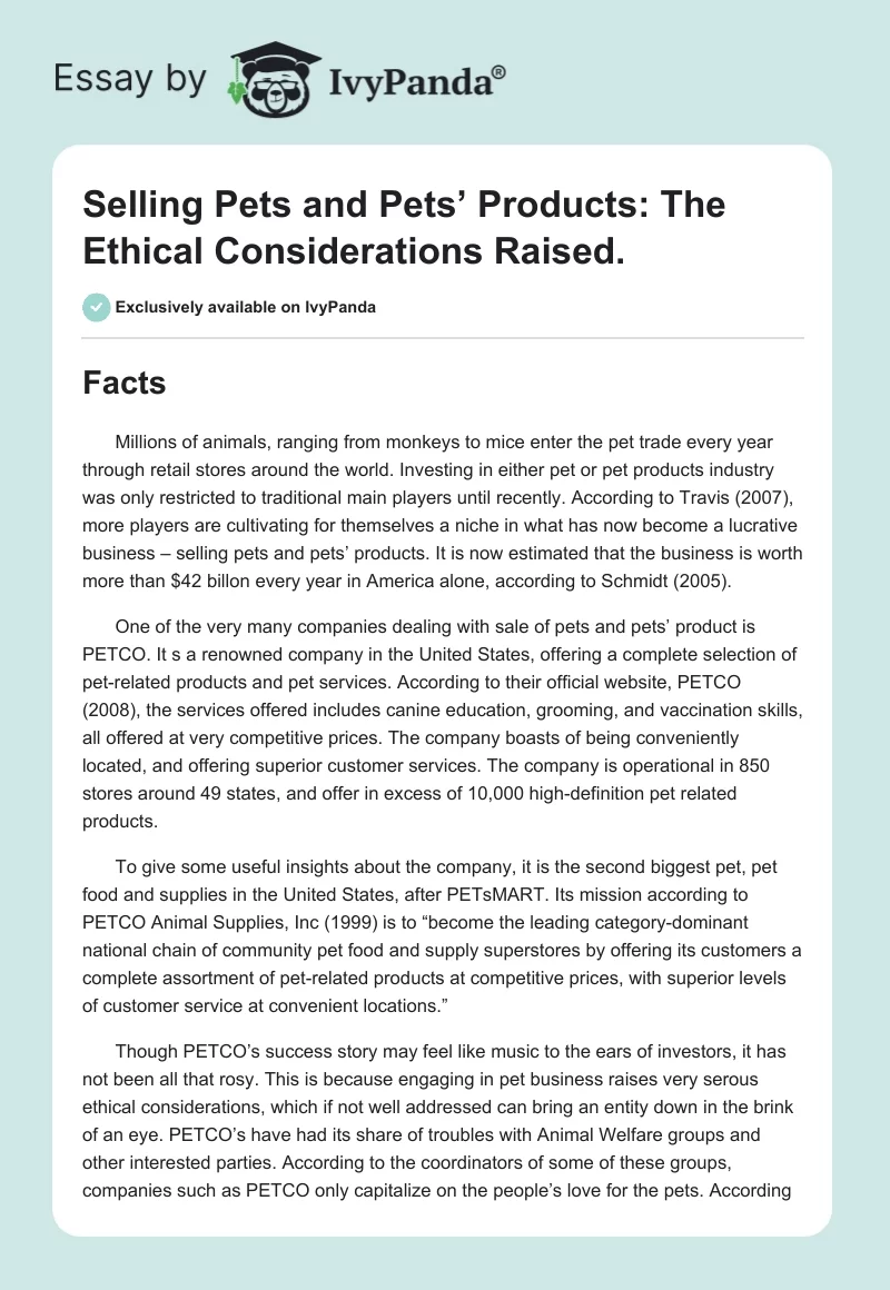 Selling Pets and Pets’ Products: The Ethical Considerations Raised.. Page 1