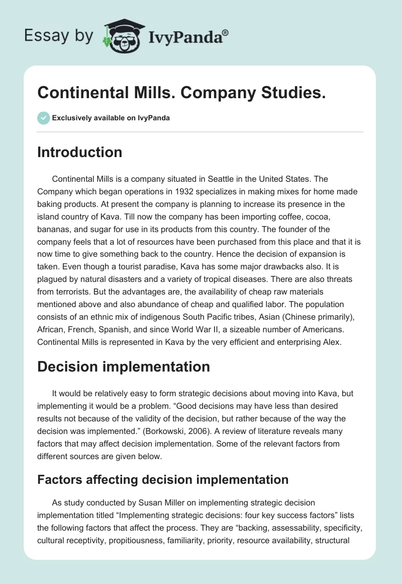 Continental Mills. Company Studies.. Page 1