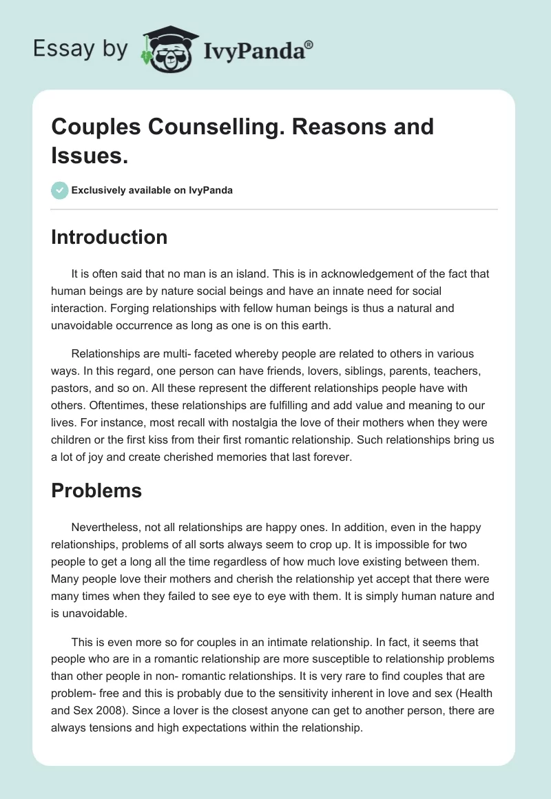 Couples Counselling. Reasons and Issues.. Page 1