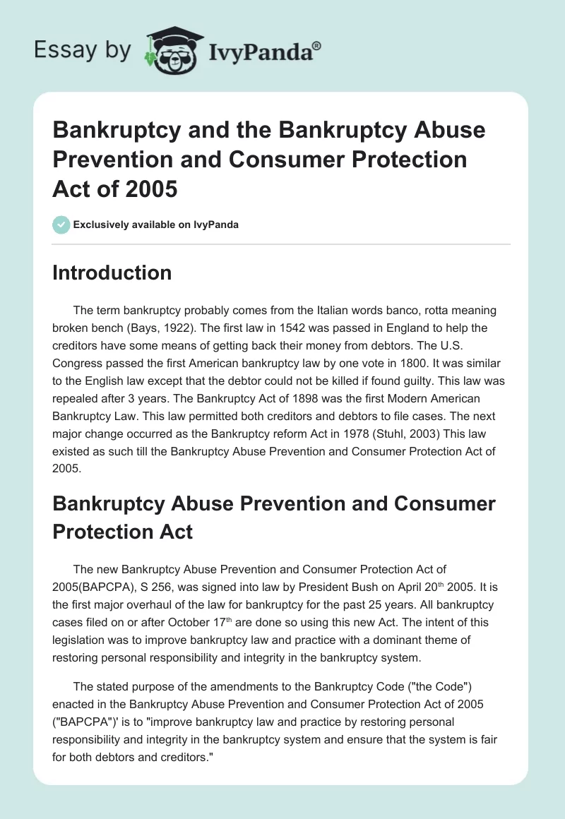 Bankruptcy and the Bankruptcy Abuse Prevention and Consumer Protection Act of 2005. Page 1