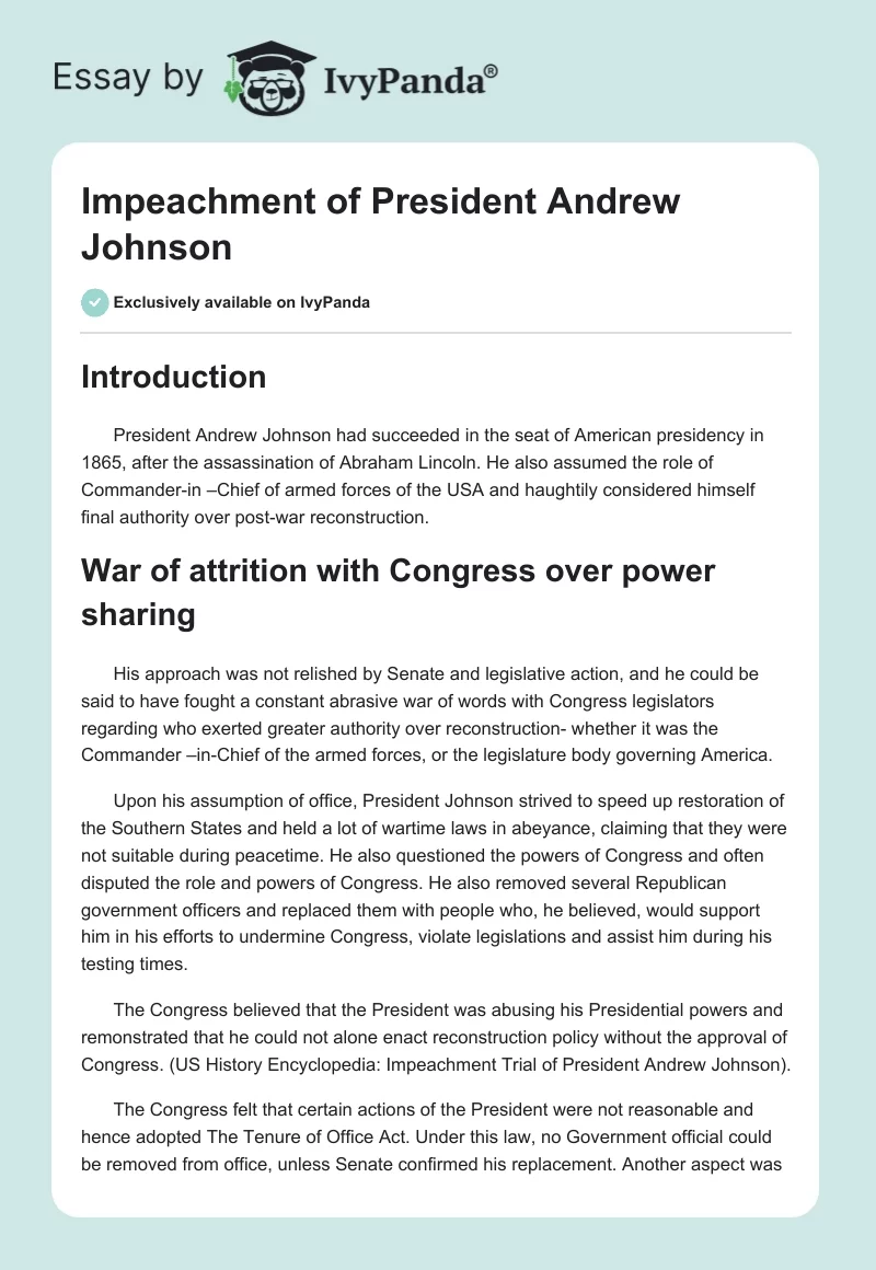 Impeachment of President Andrew Johnson. Page 1