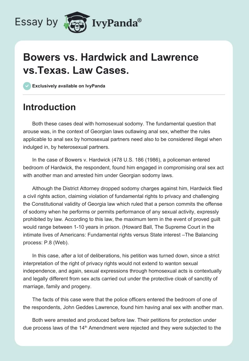 Bowers vs. Hardwick and Lawrence vs. Texas. Law Cases.. Page 1