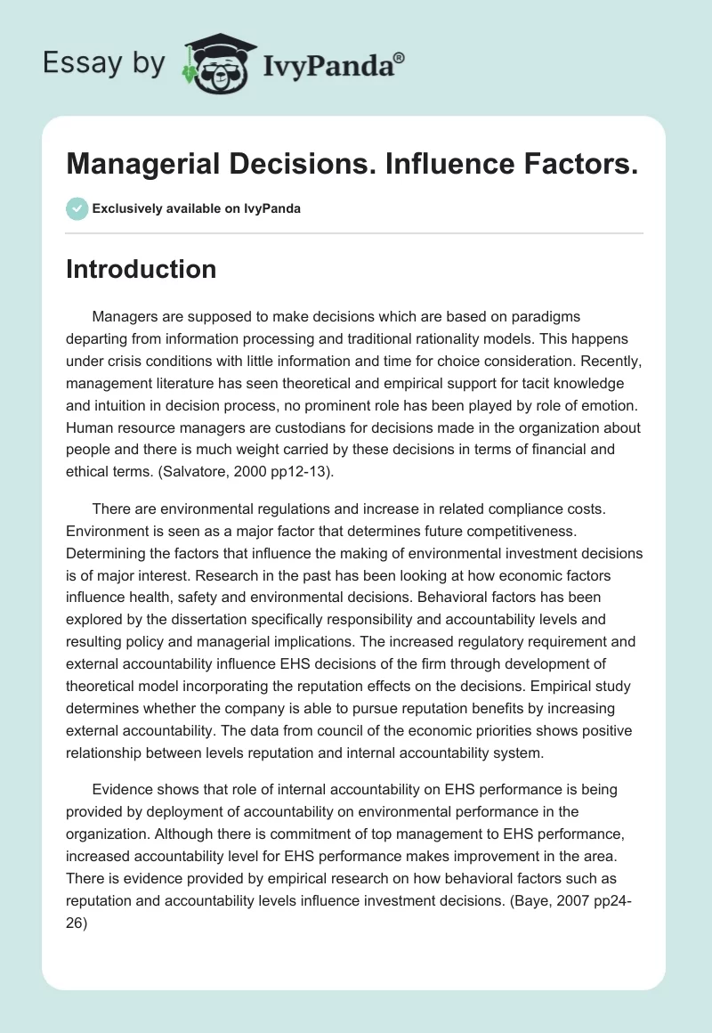 Managerial Decisions. Influence Factors.. Page 1