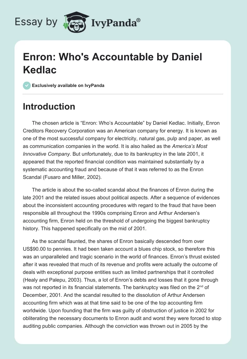 "Enron: Who's Accountable" by Daniel Kedlac. Page 1