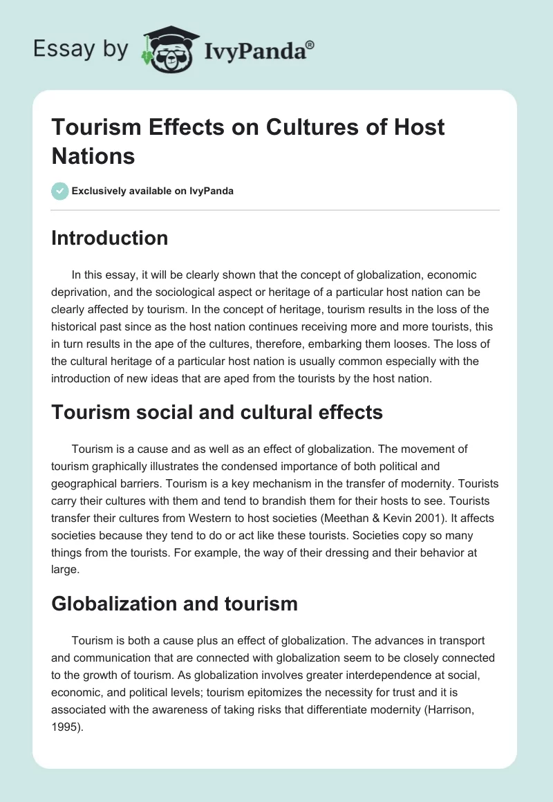 Tourism Effects on Cultures of Host Nations. Page 1