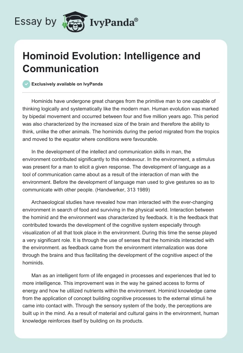 Hominoid Evolution: Intelligence and Communication. Page 1