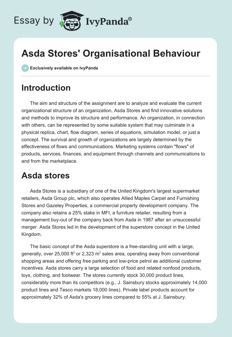 Asda Stores' Organisational Behaviour. Page 1