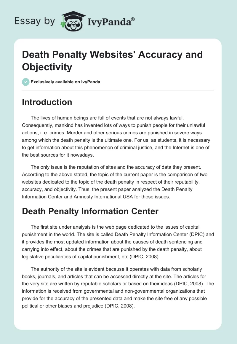 Death Penalty Websites' Accuracy and Objectivity. Page 1