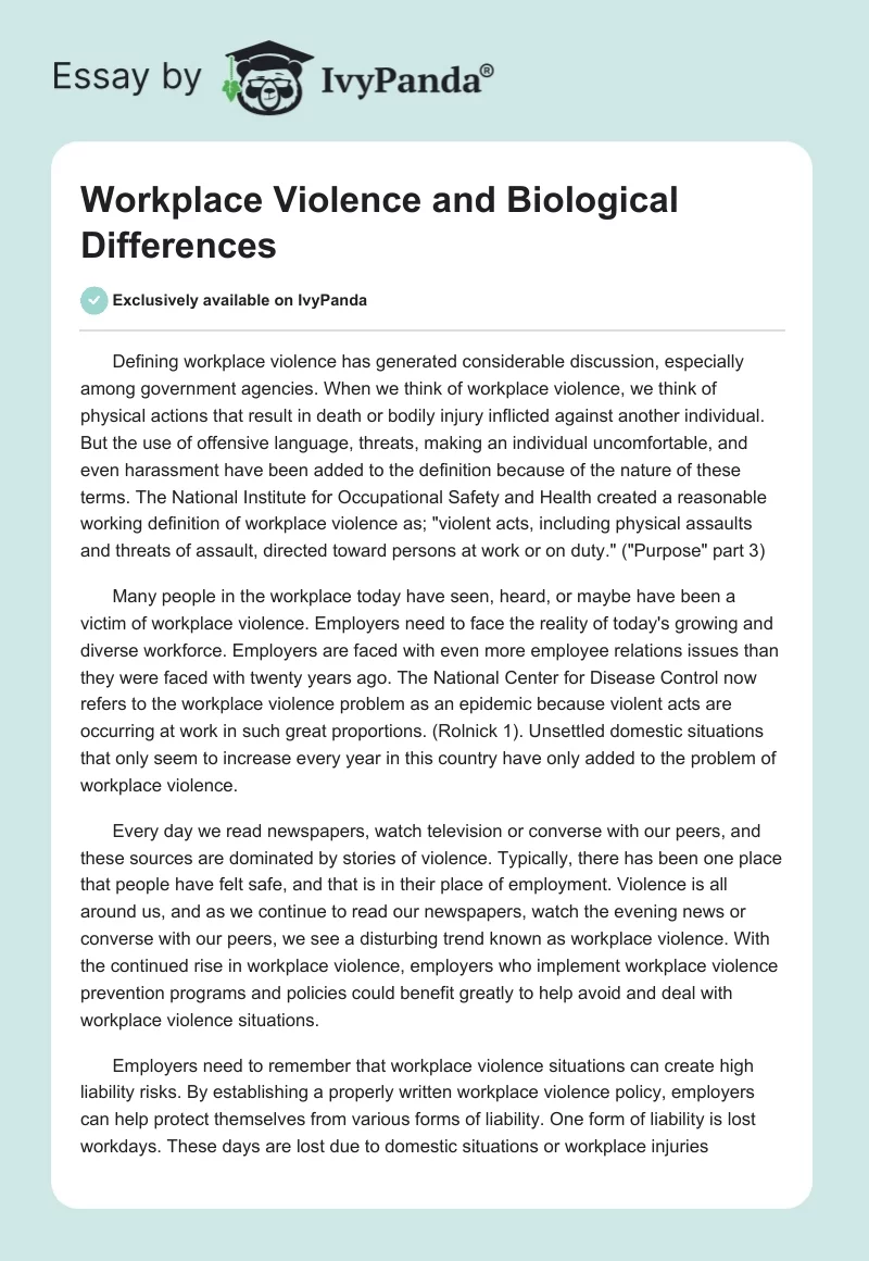 Workplace Violence and Biological Differences. Page 1