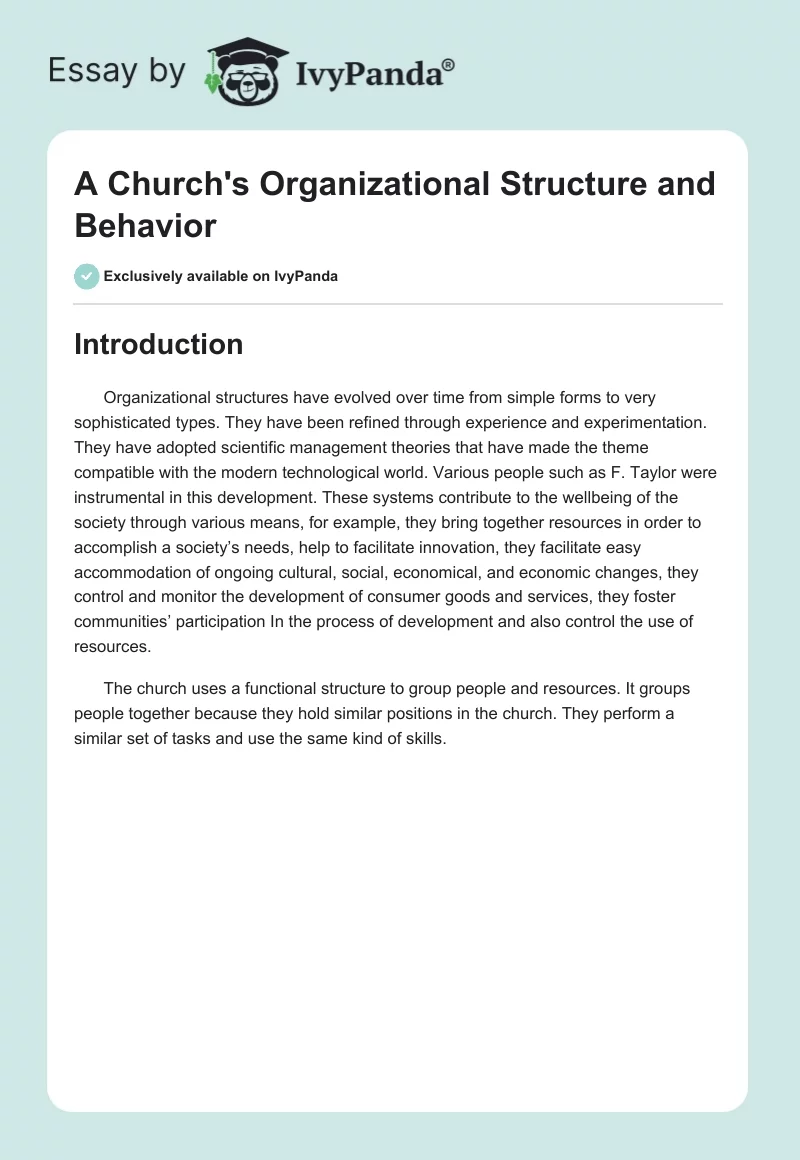 A Church's Organizational Structure and Behavior. Page 1