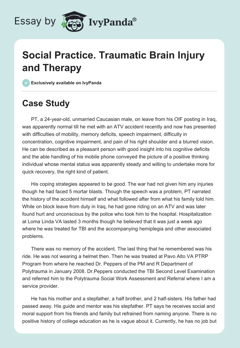 Social Practice. Traumatic Brain Injury & Therapy - 2377 Words | Report ...