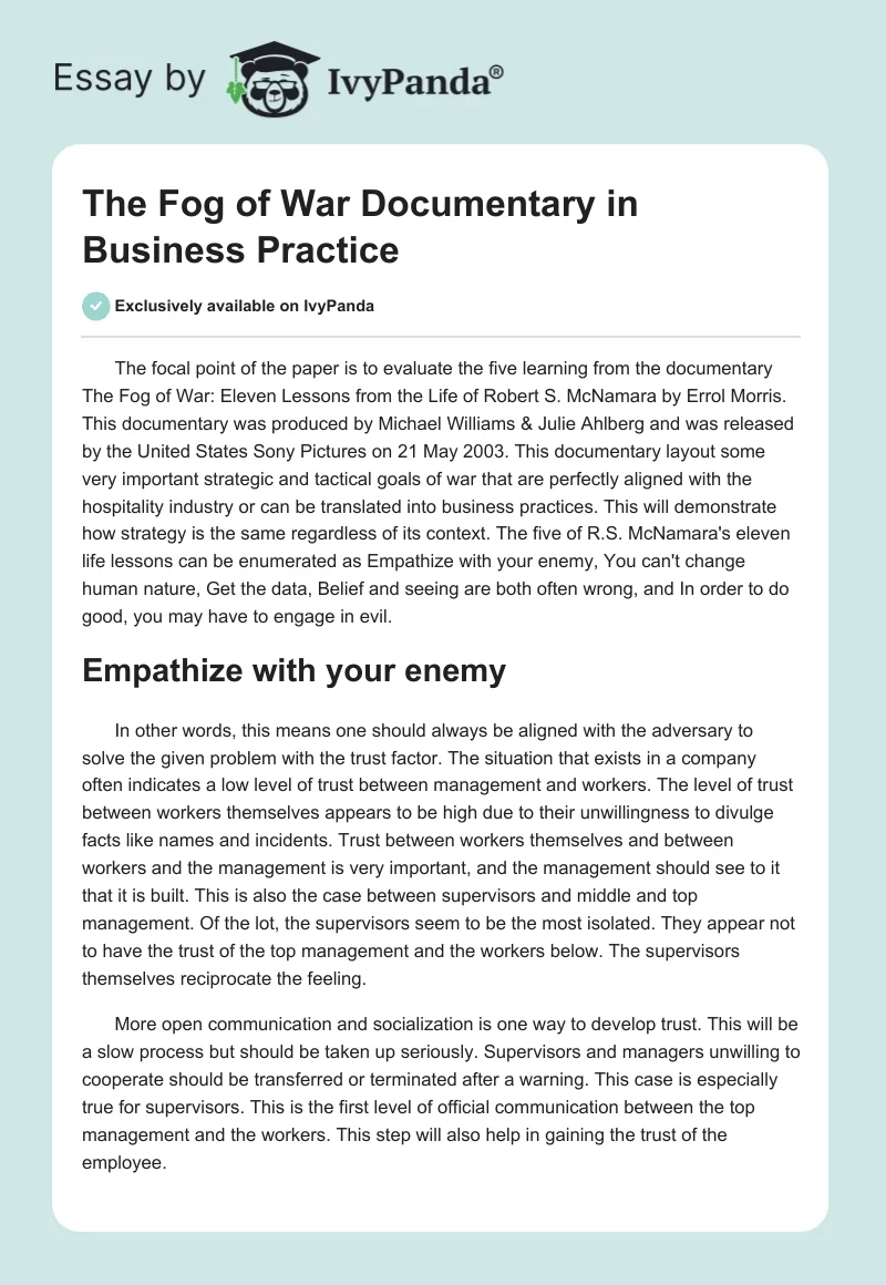 "The Fog of War" Documentary in Business Practice. Page 1