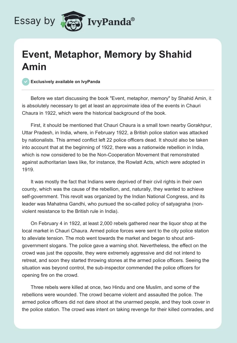 "Event, Metaphor, Memory" by Shahid Amin. Page 1