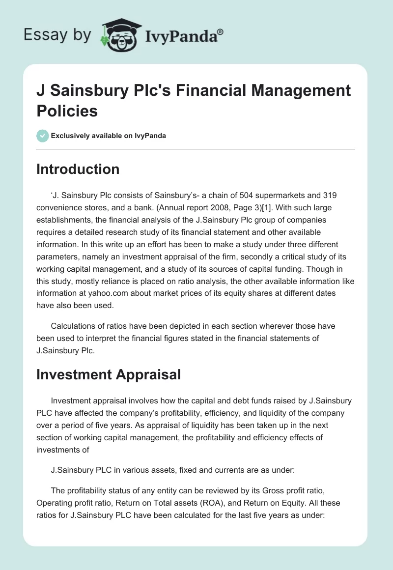 J Sainsbury Plc's Financial Management Policies. Page 1