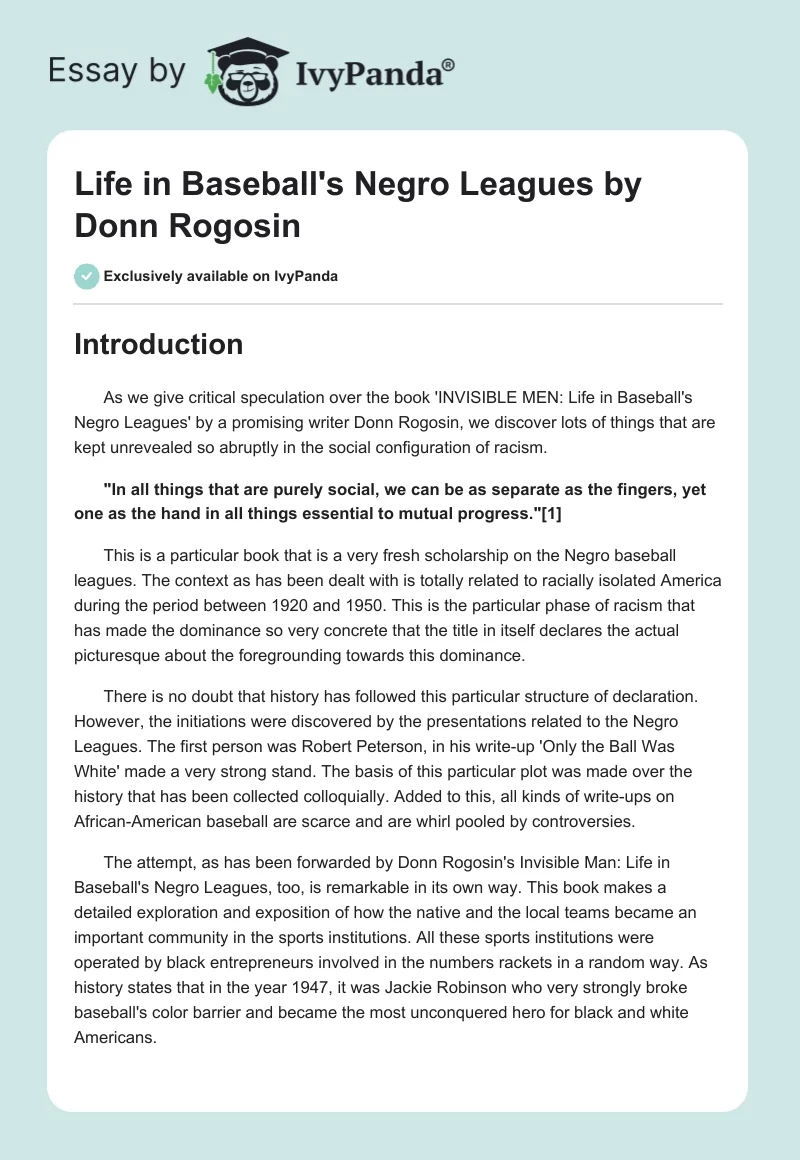 "Life in Baseball's Negro Leagues" by Donn Rogosin. Page 1